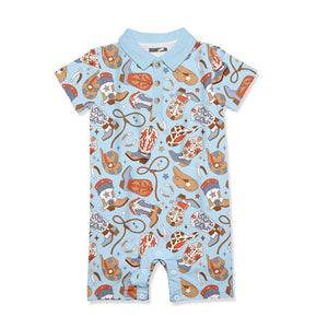 Kids Light Blue Howdy Boots Button - Front Playsuit - Millieloveslily.com