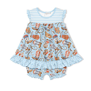 Kids Light Blue Howdy Boots Skirted Bubble Romper - Millieloveslily.com