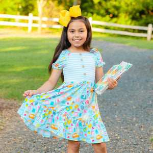 Kids Light Blue School Supplies Ruffle-Hem A-Line Dress - Millieloveslily.com