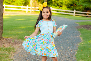 Kids Light Blue School Supplies Ruffle-Hem A-Line Dress - Millieloveslily.com