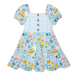 Kids Light Blue School Supplies Ruffle-Hem A-Line Dress - Millieloveslily.com