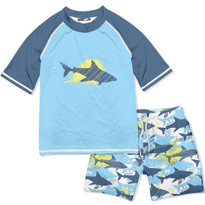 kids-Light Blue Shark themed Short - Sleeve Rashguard Set - Millieloveslily.com