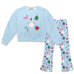 Kids Light Blue Velour Sweatshirt & Holiday Things Flare Leggings - Millieloveslily.com