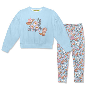 Kids Light Blue Velour Sweatshirt & Western Boots Leggings - Millieloveslily.com