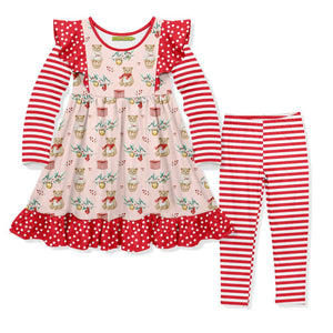 Kids Light Pink Bear Holiday Dress & Stripe Leggings - Millieloveslily.com