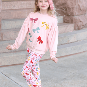 Kids Light Pink Bows Velour Sweatshirt & Flare Leggings - Millieloveslily.com