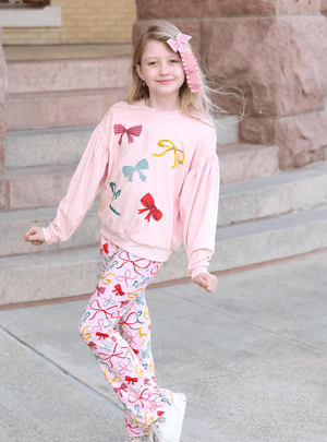 Kids Light Pink Bows Velour Sweatshirt & Flare Leggings - Millieloveslily.com