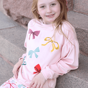 Kids Light Pink Bows Velour Sweatshirt & Flare Leggings - Millieloveslily.com