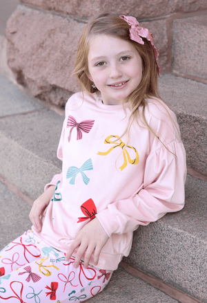Kids Light Pink Bows Velour Sweatshirt & Flare Leggings - Millieloveslily.com