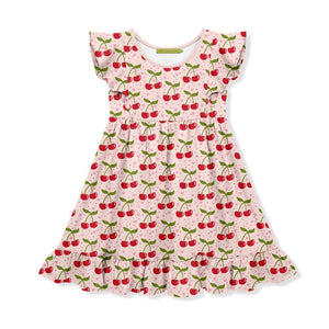 Kids Light Pink Cherry themed print Dress on a white background, front- Millieloveslily.com