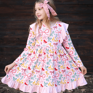 Kids Light Pink Holiday Bows Angel-Sleeve Dress - Millieloveslily.com