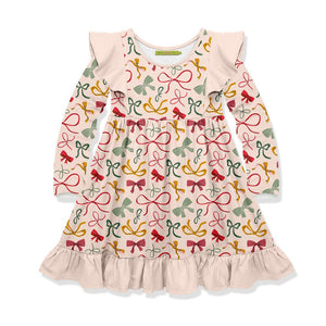 Kids Light Pink Holiday Bows Angel-Sleeve Dress - Millieloveslily.com