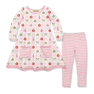 Kids Light Pink Holiday Ornaments Front-Pocket A-Line Dress & Stripe Leggings - Millieloveslily.com