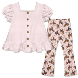 Kids Light Pink Puff-Sleeve Top & Rodeo Flare Leggings - Millieloveslily.com