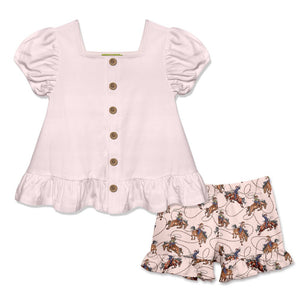 Kids Light Pink Puff-Sleeve Top & Rodeo Shorts Set - Millieloveslily.com