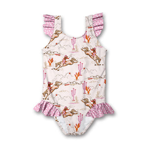 Kids Light Pink Rodeo Girl Ruffle - Accent One - Piece  swimsuit on a white background, front- Millieloveslily.com