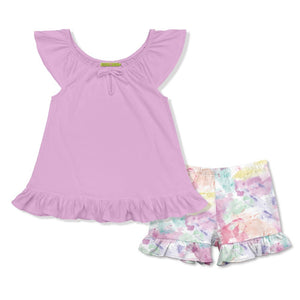 Kids Lilac Angel Sleeve Top & Clouds Tie - Dye Ruffle Shorts - Millieloveslily.com