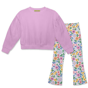 Kids Lilac Crewneck Sweatshirt & Spring Bouquet Flare Leggings - Millieloveslily.com