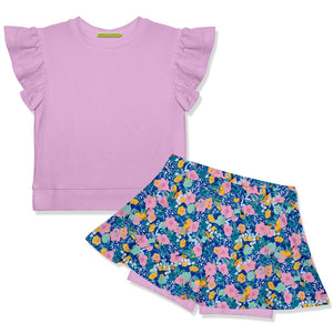 Kids Lilac Fr Terry Top & Floral Whimsy Skort - Millieloveslily.com