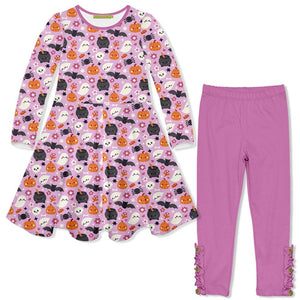 Kids Lilac Halloween Magic Long-Sleeve Dress & Violet Leggings Set - Millieloveslily.com