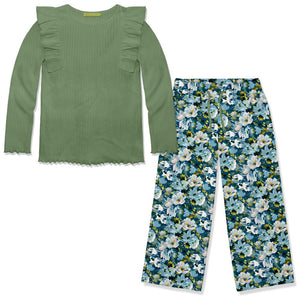 Kids Loden Frost Ribbed Long-Sleeve Top & Floral Wide-Leg Pants - Millieloveslily.com