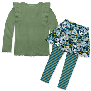 Kids Loden Frost Ribbed Ruffle Long-Sleeve Top & Floral Skirted Leggings - Millieloveslily.com