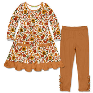Kids Marigold Sunflower Ruffle Pocket Dress & Leggings Set - Millieloveslily.com