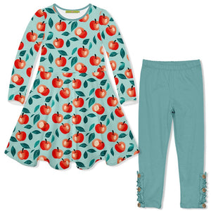 Kids Mint Apples Long-Sleeve Dress & Nile Blue Leggings Set - Millieloveslily.com