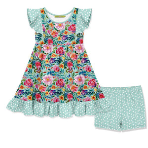 Kids Mint Becky Floral Angel - Sleeve Dress & Shorts set on a white background, front - Millieloveslily.com