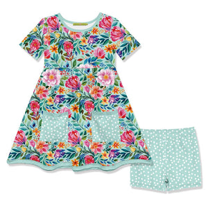 Kids Mint Becky Floral Pocket A-Line Dress & Dot Shorts - Millieloveslily.com