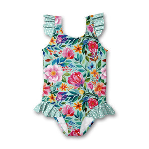 Kids Mint Becky Floral Ruffle - Accent One - Piece swimsuit on a white background, front- Millieloveslily.com