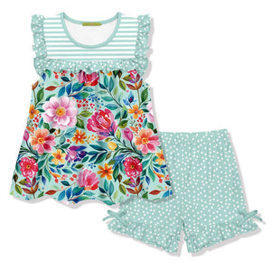 Kids Mint Floral Ruffle Sleeveless Top & Dot Shorts on a white background, front
