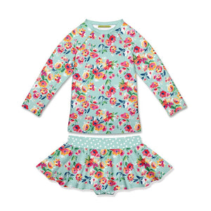 Kids Mint Julia Foral Long - Sleeve Rashguard Set  on a white background, front- Millieloveslily.com