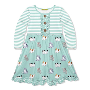 Kids Mint Kitty Dreams Button-Front Long-Sleeve Dress - Millieloveslily.com