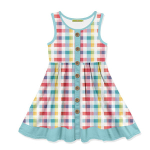 Kids Mint Mid Tone Check sleeveless Dress with decorative wood buttons on a white background, front Millieloveslily.com