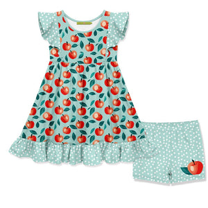 Kids Mint & Red Apples Angel-Sleeve Dress & Shorts - Millieloveslily.com