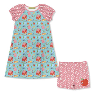 Kids Mint School Bags Puff Sleeve Dress & Pink Dot Shorts - Millieloveslily.com