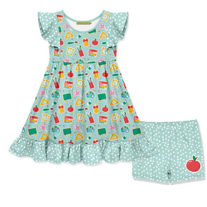 Kids Mint School Supplies Angel - Sleeve Dress & Shorts - Millieloveslily.com