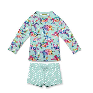 Kids Mint Tie Dye Turtles Long - Sleeve Rashguard Set - Millieloveslily.com