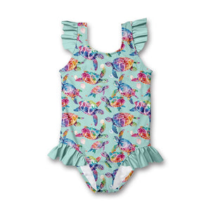 Kids Mint Tie Dye Turtles pattern Ruffle - Accent One - Piece  swimsuit- Millieloveslily.com