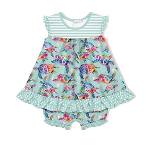 Kids Mint Tie - Dye Turtles Skirted Bubble Romper - Millieloveslily.com