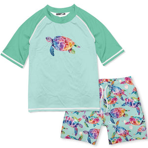 Kids Mint Tie DyeTurtles Short - Sleeve Rashguard Set - Millieloveslily.com