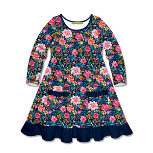 Kids Navy Becky Floral Patch-Pocket A-Line Dress - Millieloveslily.com