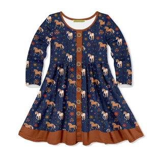 Kids Navy Boho Horses Button-Front A-Line Dress - Millieloveslily.com