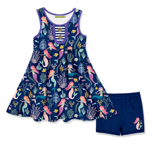 Kids Navy Coral Reef Mermaid Button - Front A - Line Dress & Shorts - Millieloveslily.com