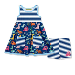 Girls  dress with dinosaur pattern and matching shorts on a white background, front