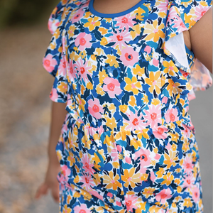 Kids Navy Floral Filigree Angel - Sleeve Overalls - Millieloveslily.com