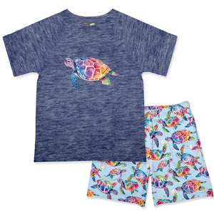 Kids Navy Heather Crewneck Tee & Tie Dye Turtles Shorts - Millieloveslily.com