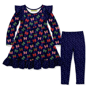 Kids Navy Holiday Bows Angel-Sleeve Dress & Dot Leggings Set - Millieloveslily.com