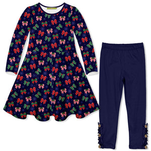 Kids Navy Holiday Bows Yoke Long-Sleeve Dress & Button Leggings - Millieloveslily.com